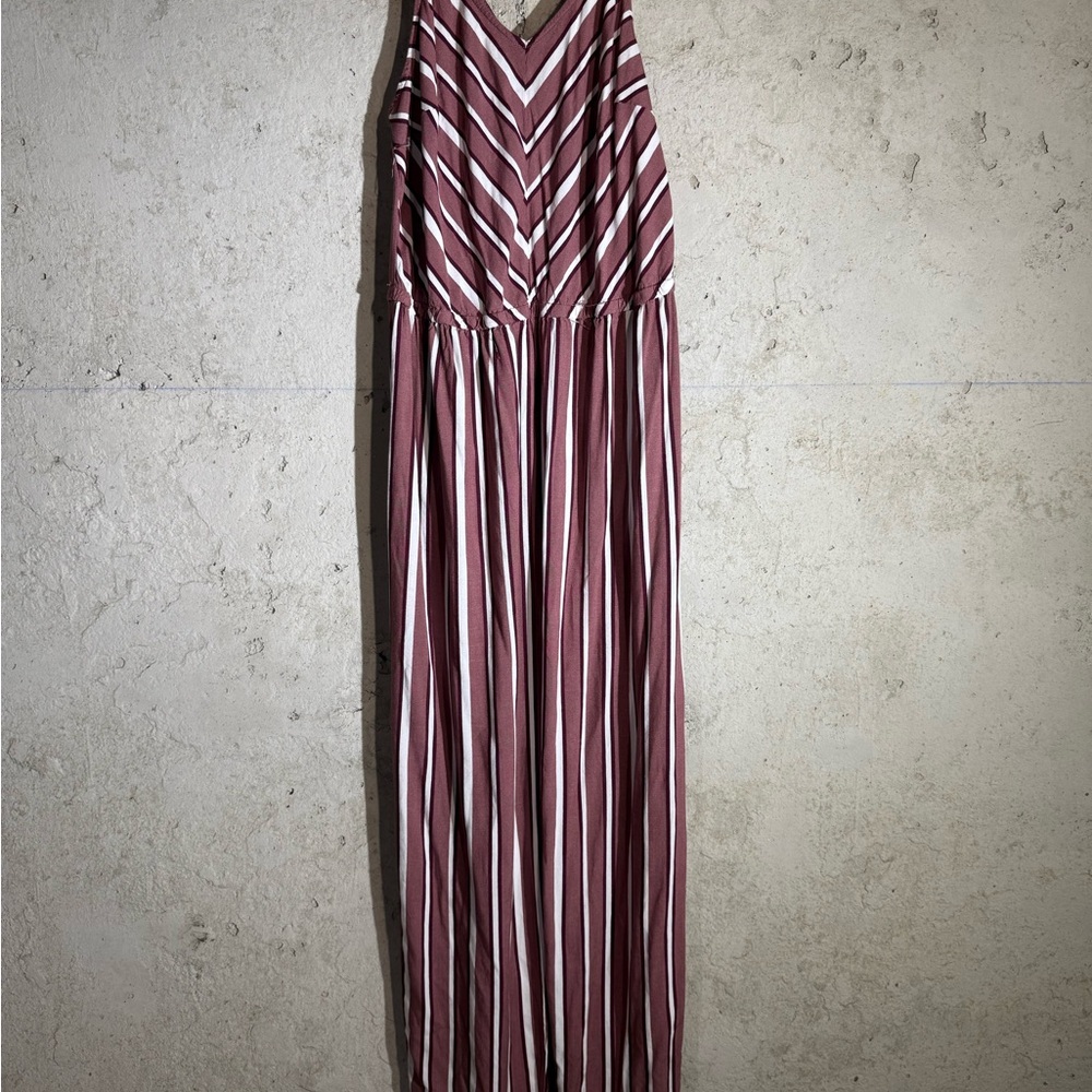 Moral Fiber Burgundy and White Striped Jumpsuit
